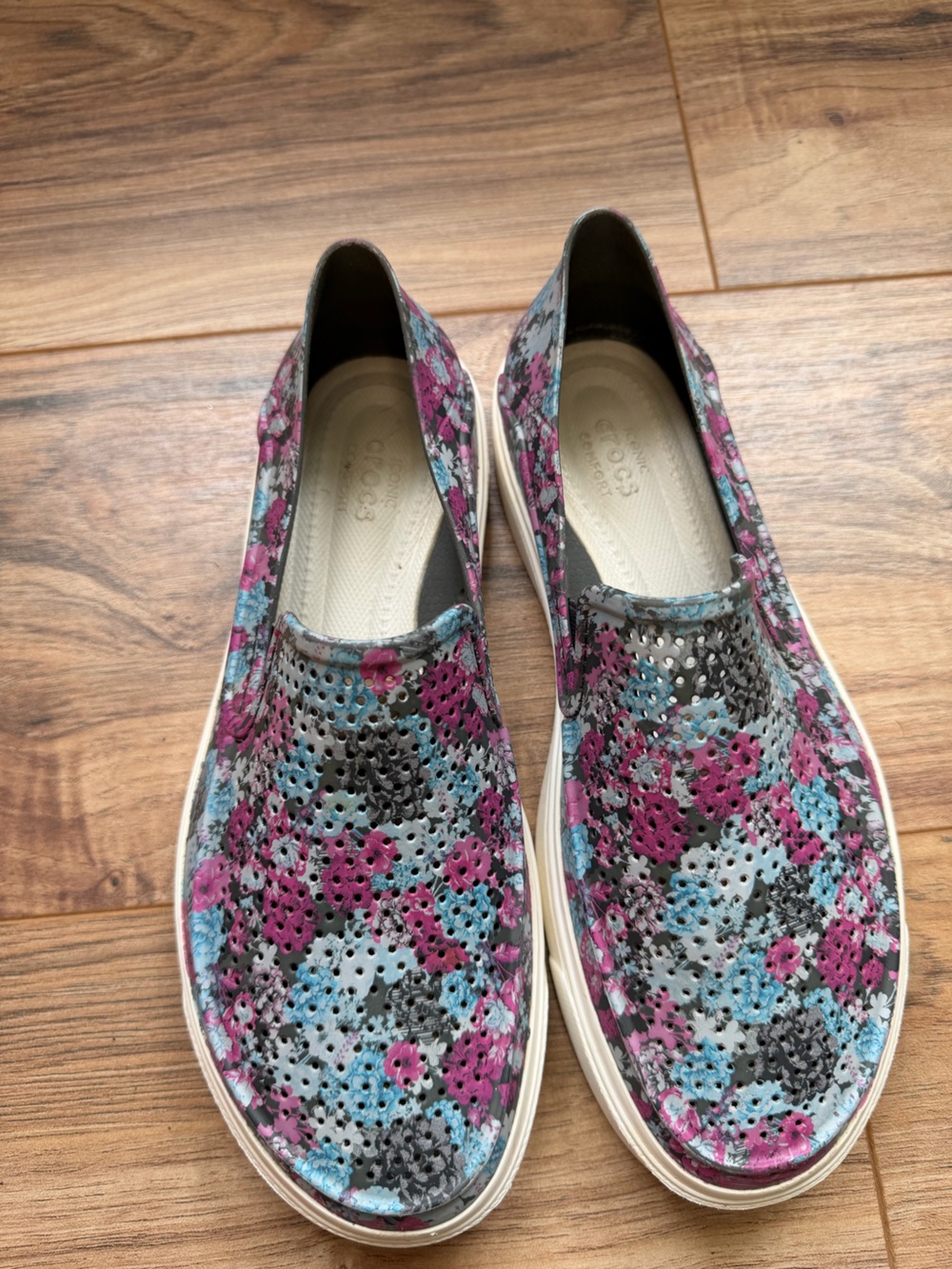 CROCS Women's Floral Perforated Slip-On Mules in Pink & Blue